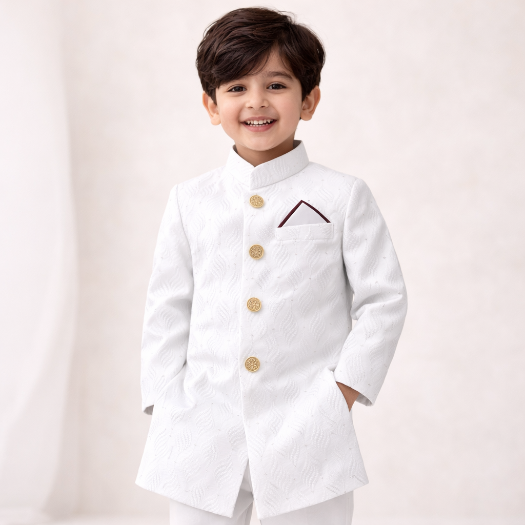 Boys white prince coat set featuring a stylish two-piece design, with the coat displayed on a neutral background.