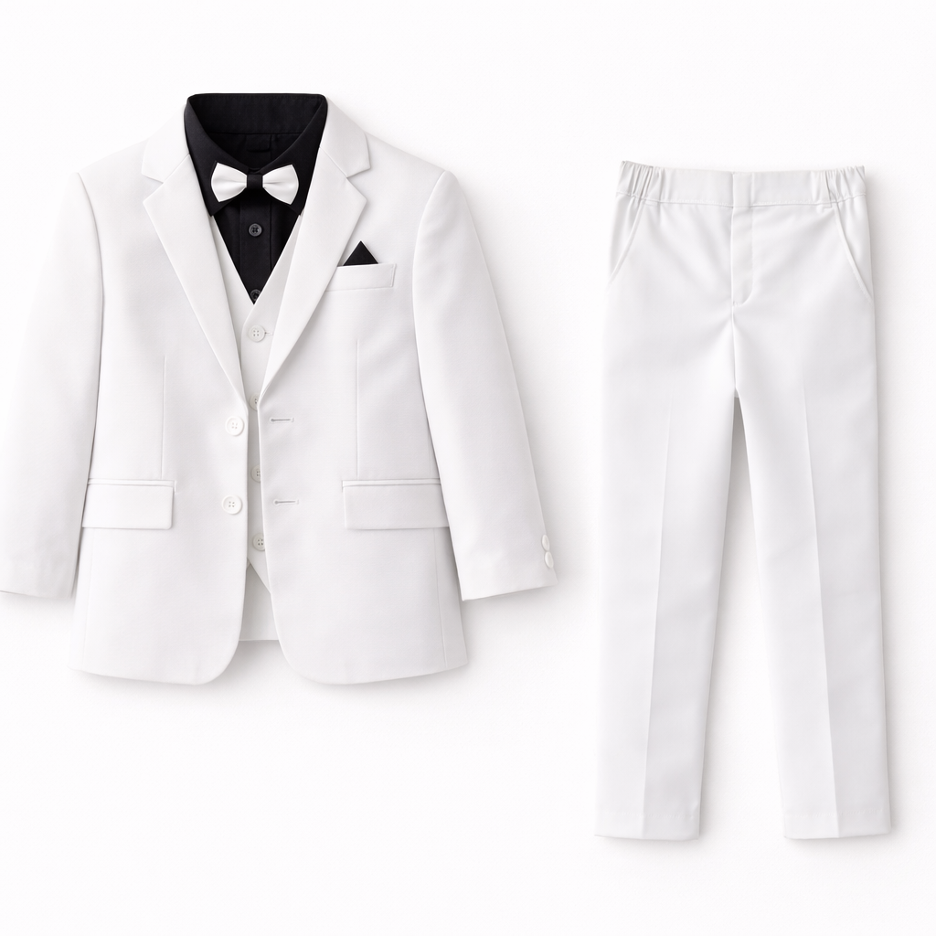 Boys White & Black Coat Pant (4-Piece)