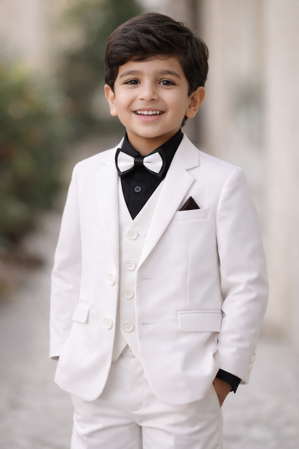 Boys White & Black Coat Pant (4-Piece)