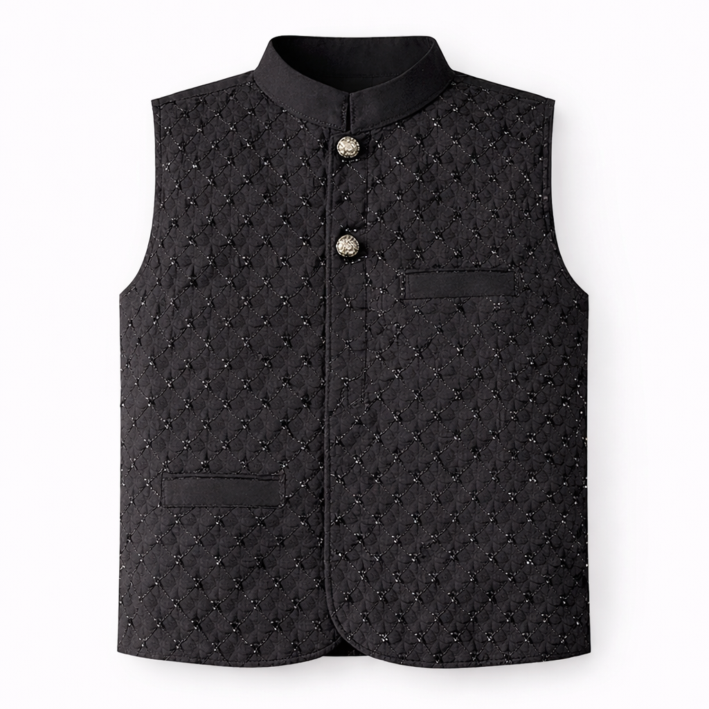 Boys Royal Black Cotton 3 Piece Waistcoat Shalwar Kameez