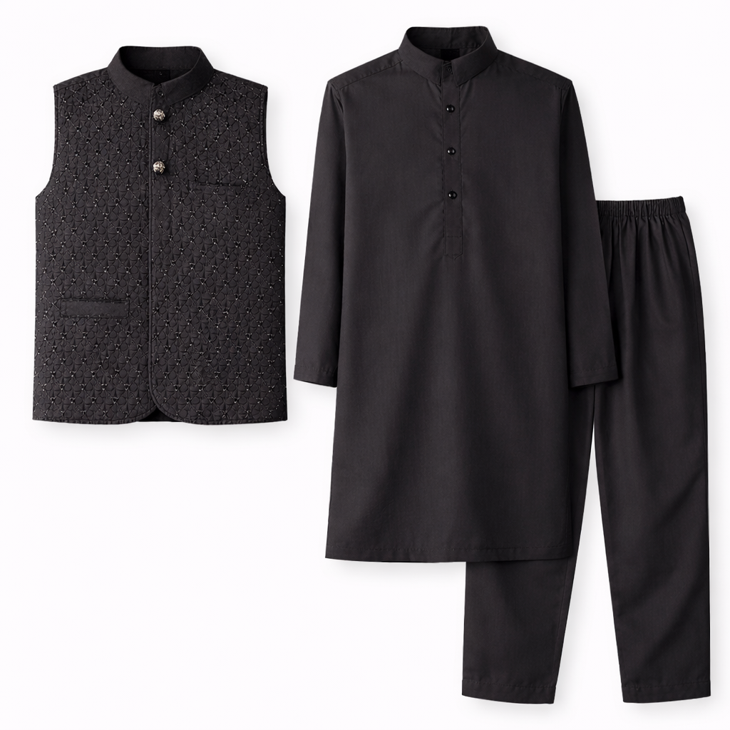 Boys Royal Black Cotton 3 Piece Waistcoat Shalwar Kameez