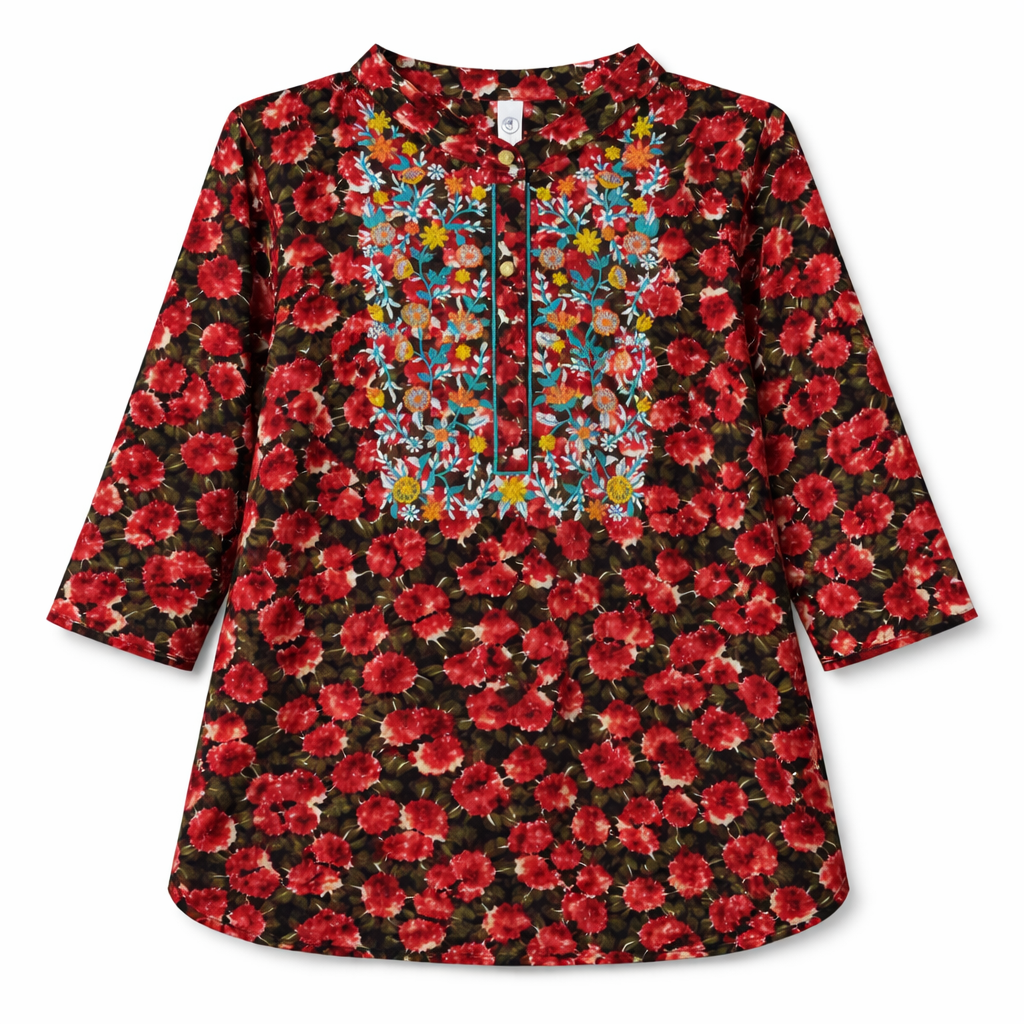 Red Pastel Print Kurti Pajma (2-Piece)