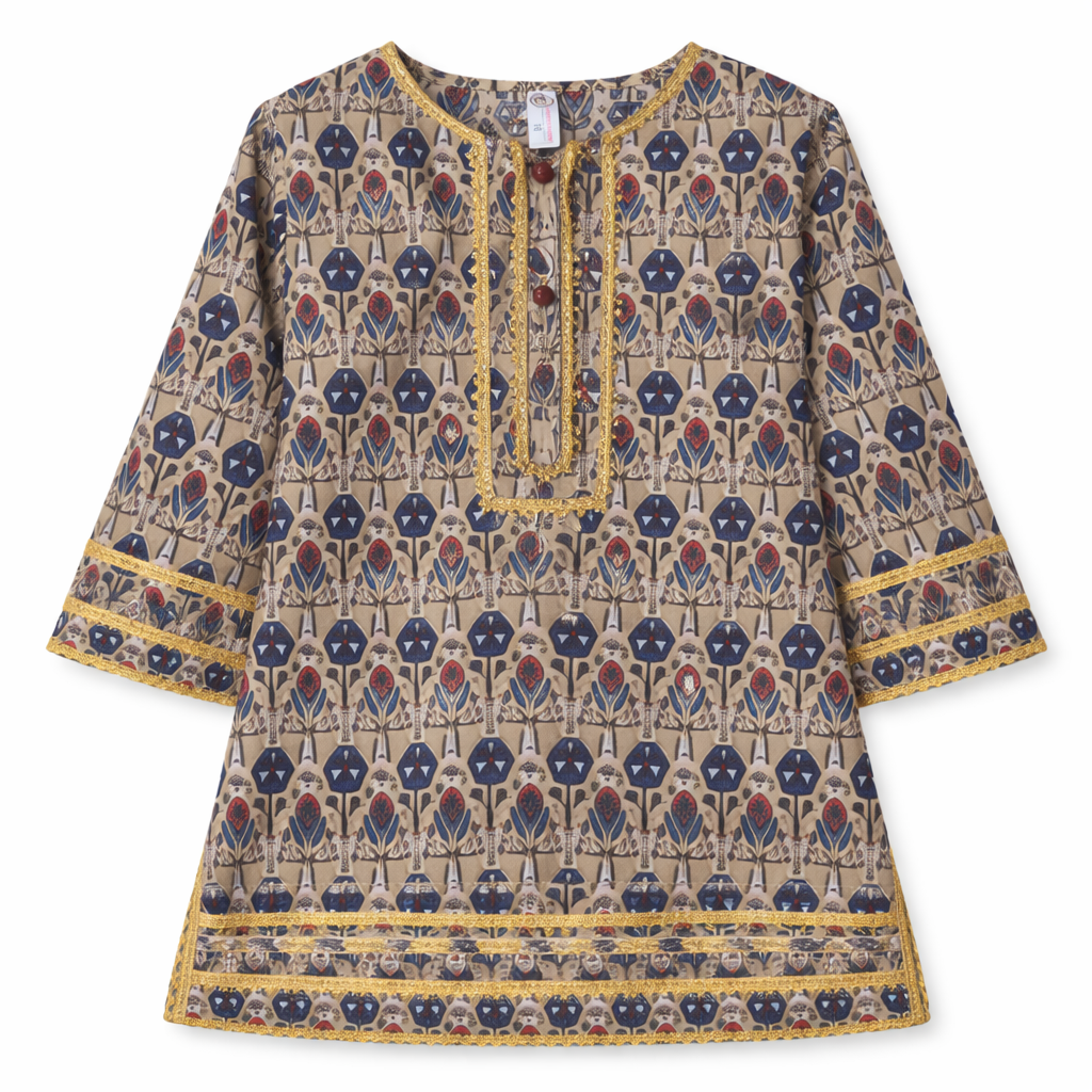 Brown floral print girls' kurti and pajama set by lilcubspk, featuring a stylish kurti with floral patterns and matching pajama.
