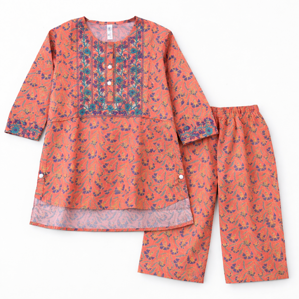 Orange Floral Print Kurti Pajma (2-Piece)