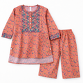 Orange floral print kurti pajama set for girls by lilcubspk, featuring a vibrant kurti with matching pajama in a 2-piece design.