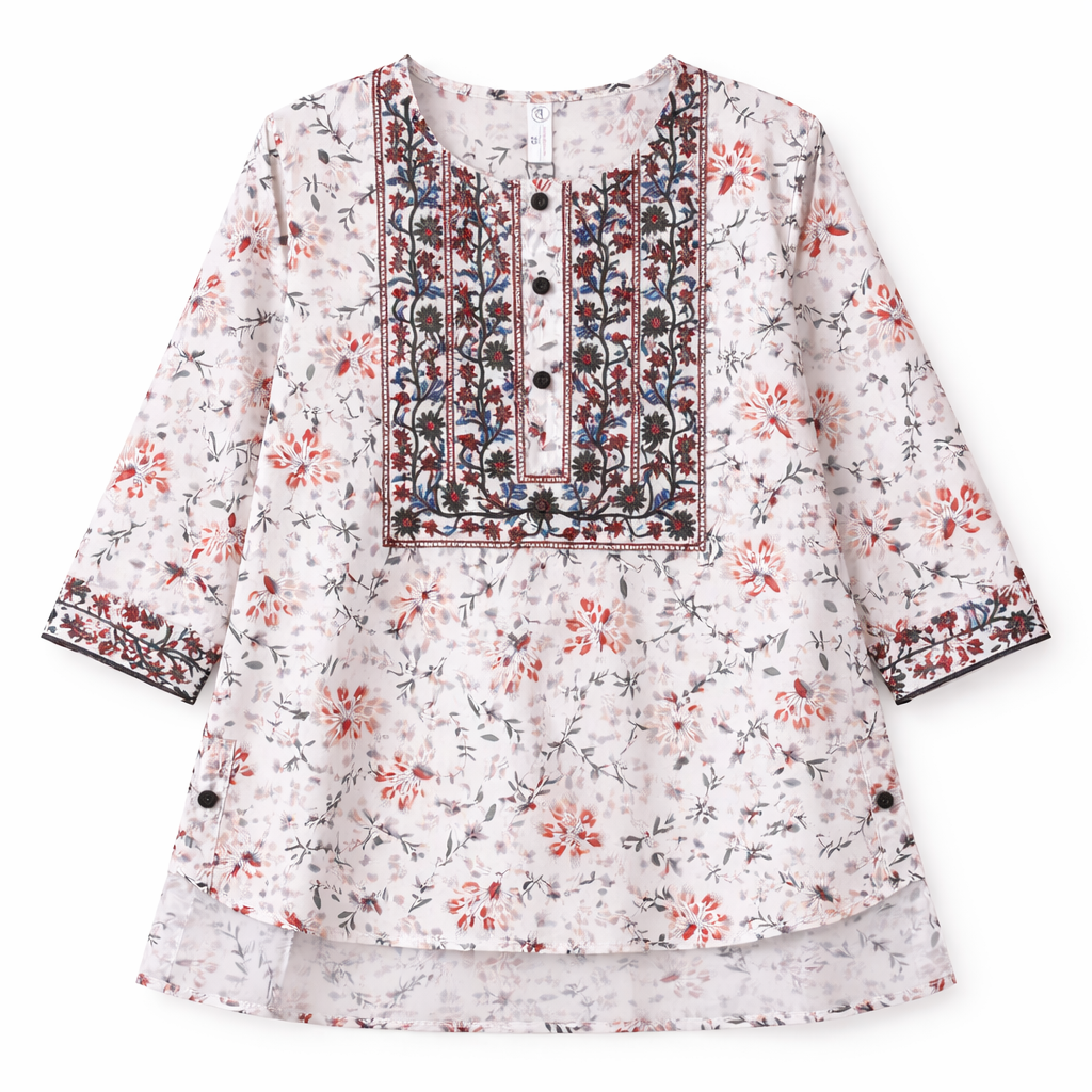 White Floral Print Kurti Plain Pajma (2-Piece) - Lil' Cubs