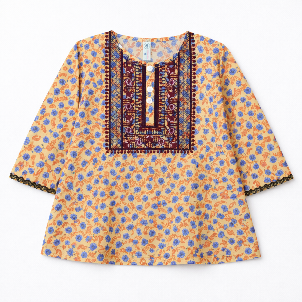Light Yellow Pastel Print Kurti Pajma (2-Piece) - Lil' Cubs