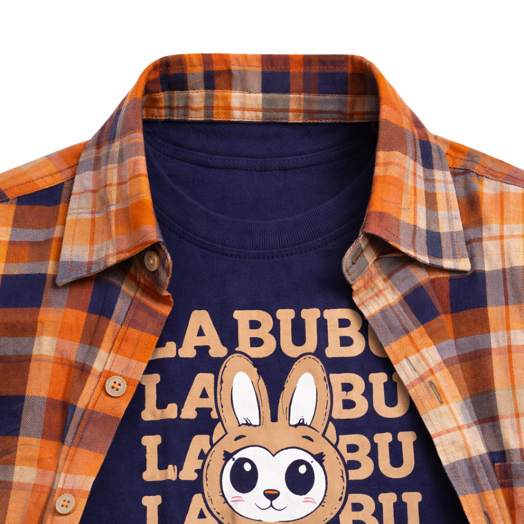 Checked Casual Shirt with LABUBU Graphic T-Shirt Outfit