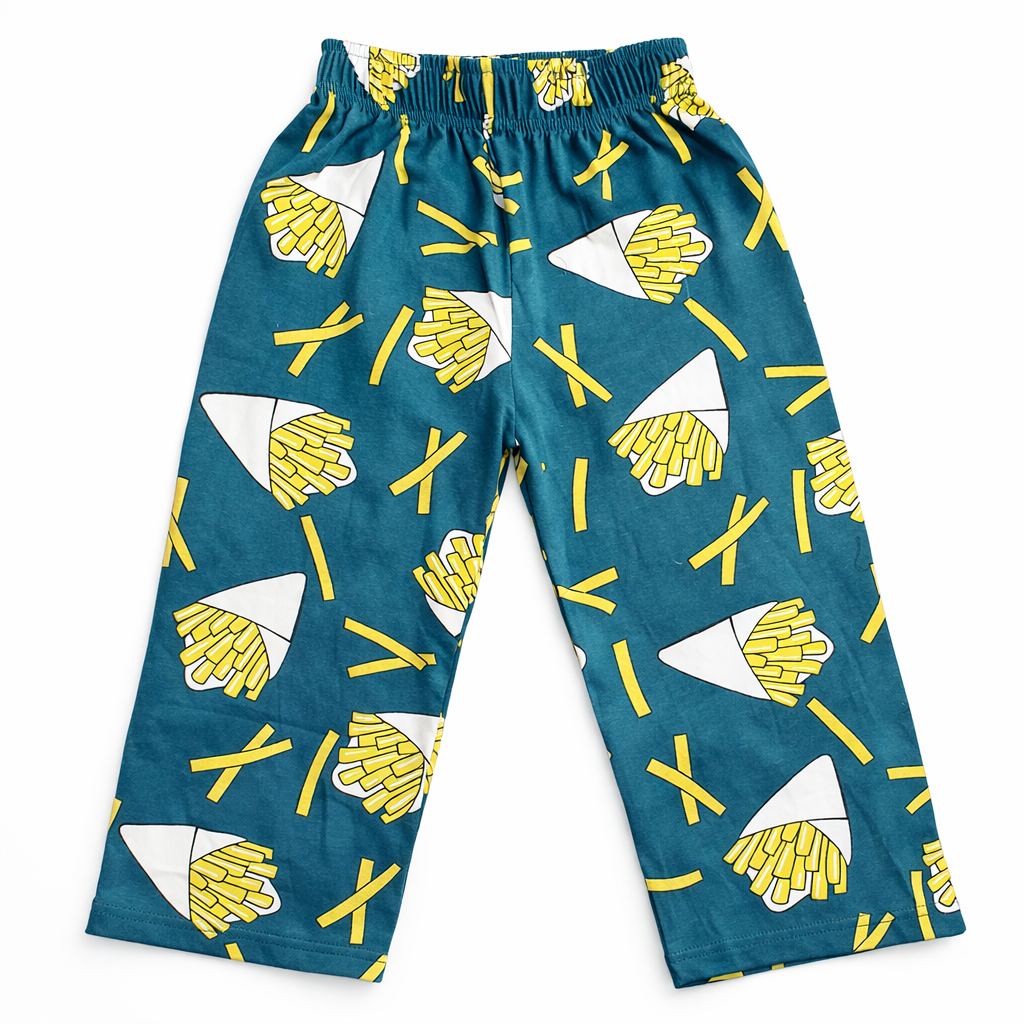 Girls' dark green cotton pajama trousers with fun fries pattern from lilcubspk, designed for comfortable sleepwear.