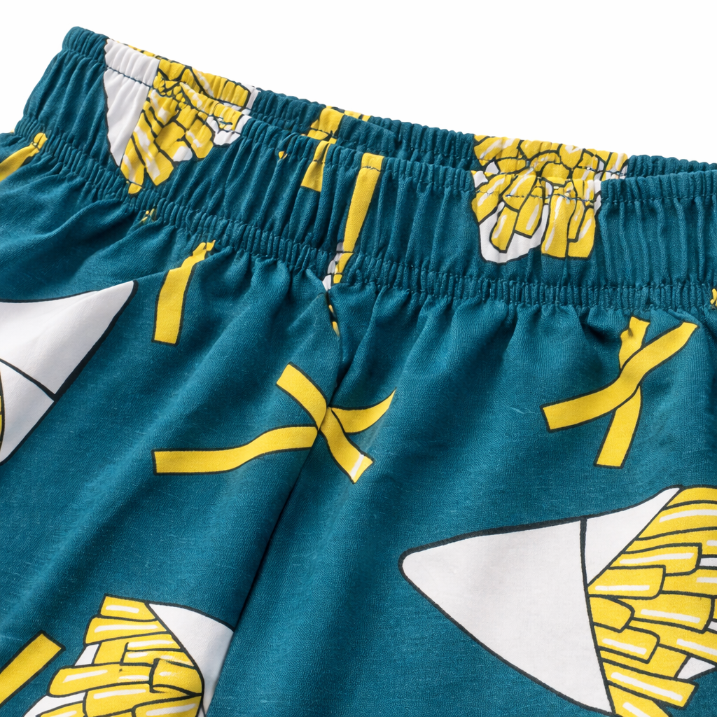 Girls' dark green cotton pajamas with fun fries print, slim-fit trousers by lilcubspk, comfortable and playful sleepwear.