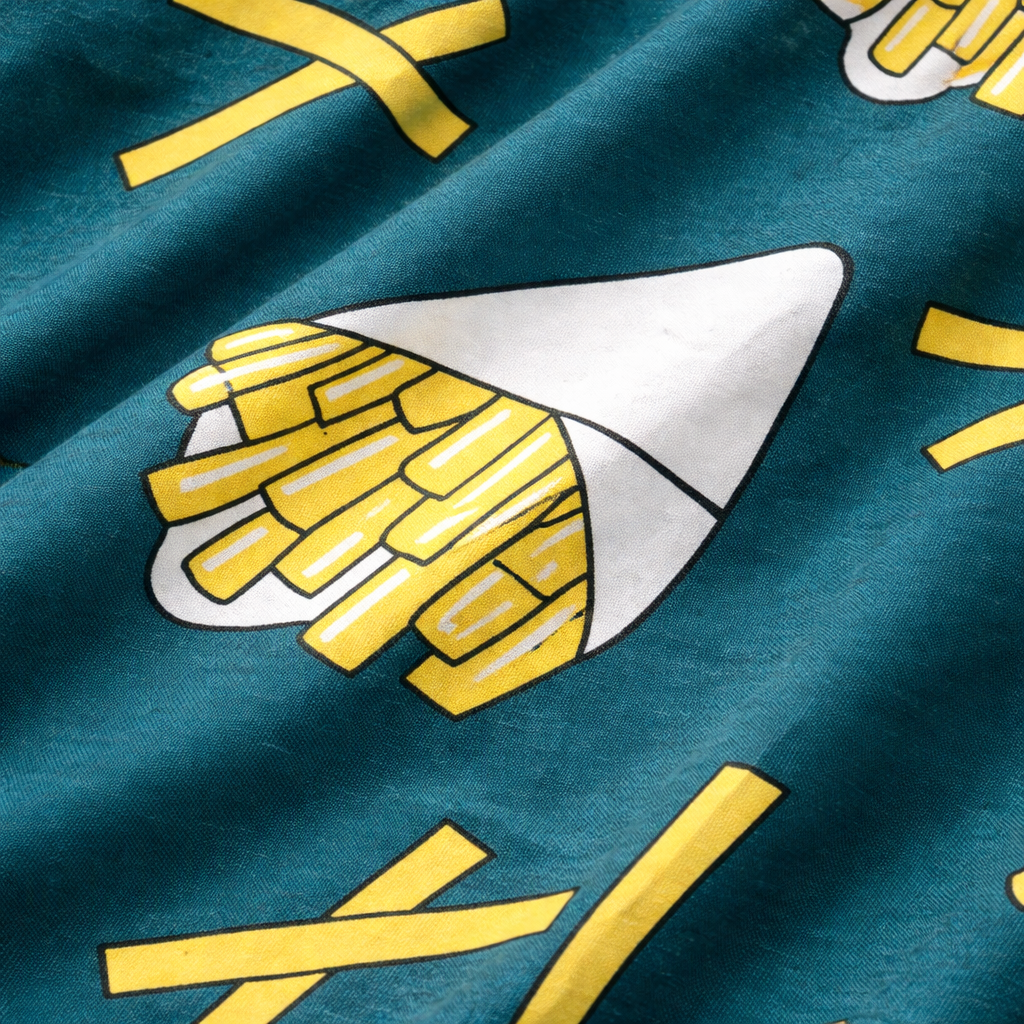 Girls' dark green cotton pajama trousers with fun fries print by lilcubspk, featuring a comfortable relaxed fit.