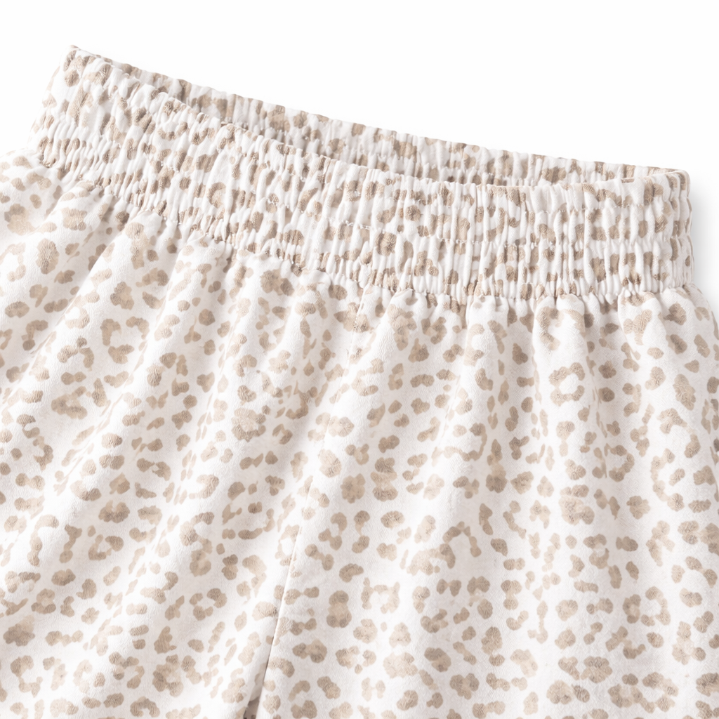 Girls' leopard print white cotton pajamas with spotted trouser design by lilcubspk, featuring comfortable and stylish sleepwear.