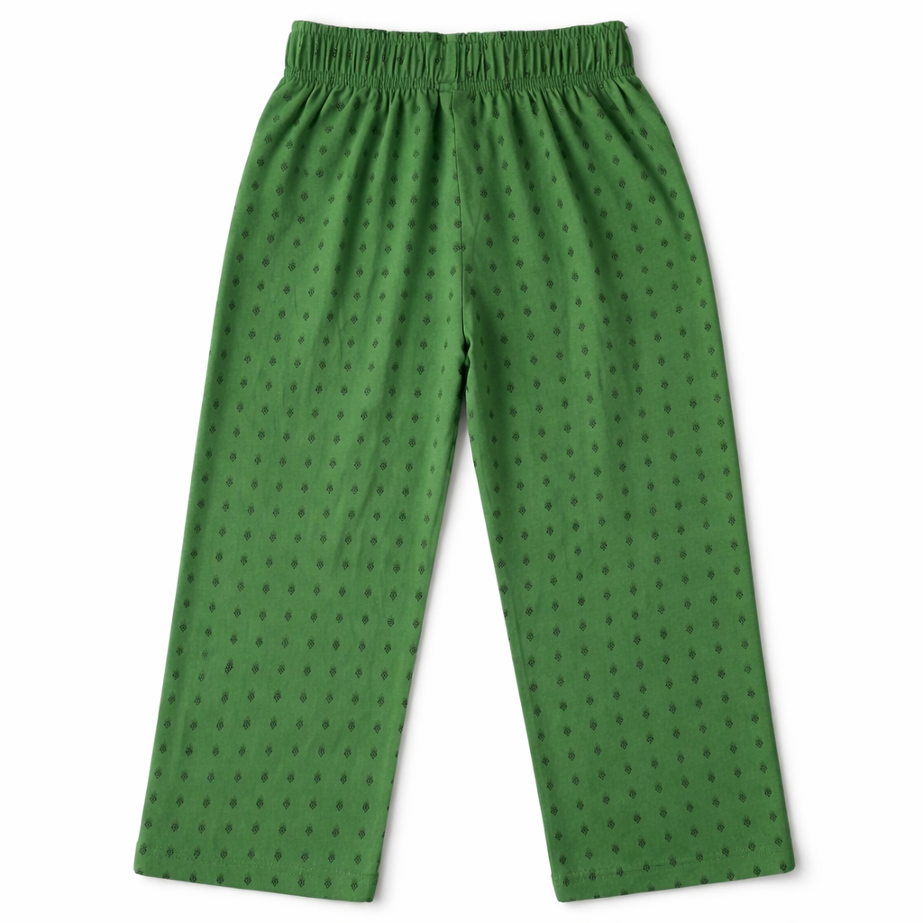 Girls polka dots green cotton pajama trousers by lilcubspk, featuring comfortable, soft fabric with a playful polka dot pattern.