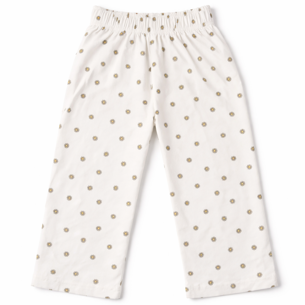 Girls yellow flower print cotton pajamas with white trousers from lilcubspk, featuring a comfortable and cute sleepwear set.