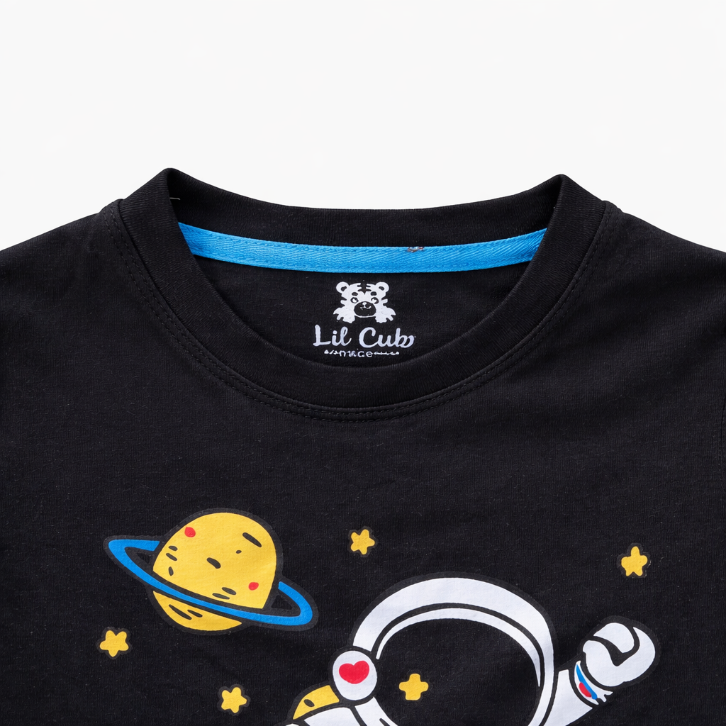 Lil' Cubs space travel summer coord set for kids, featuring a printed top and matching shorts with fun space-themed designs.