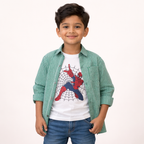Green checked casual shirt with Spider superhero graphic, designed for kids, by Lil' Cubs.