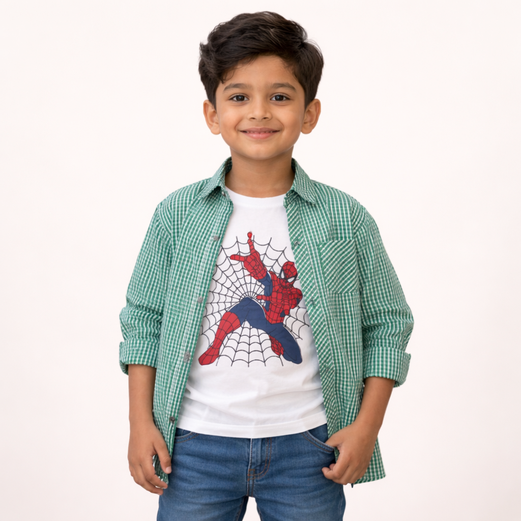 Green Checked Casual Shirt with Spider Superhero Graphic T-Shirt Outfit