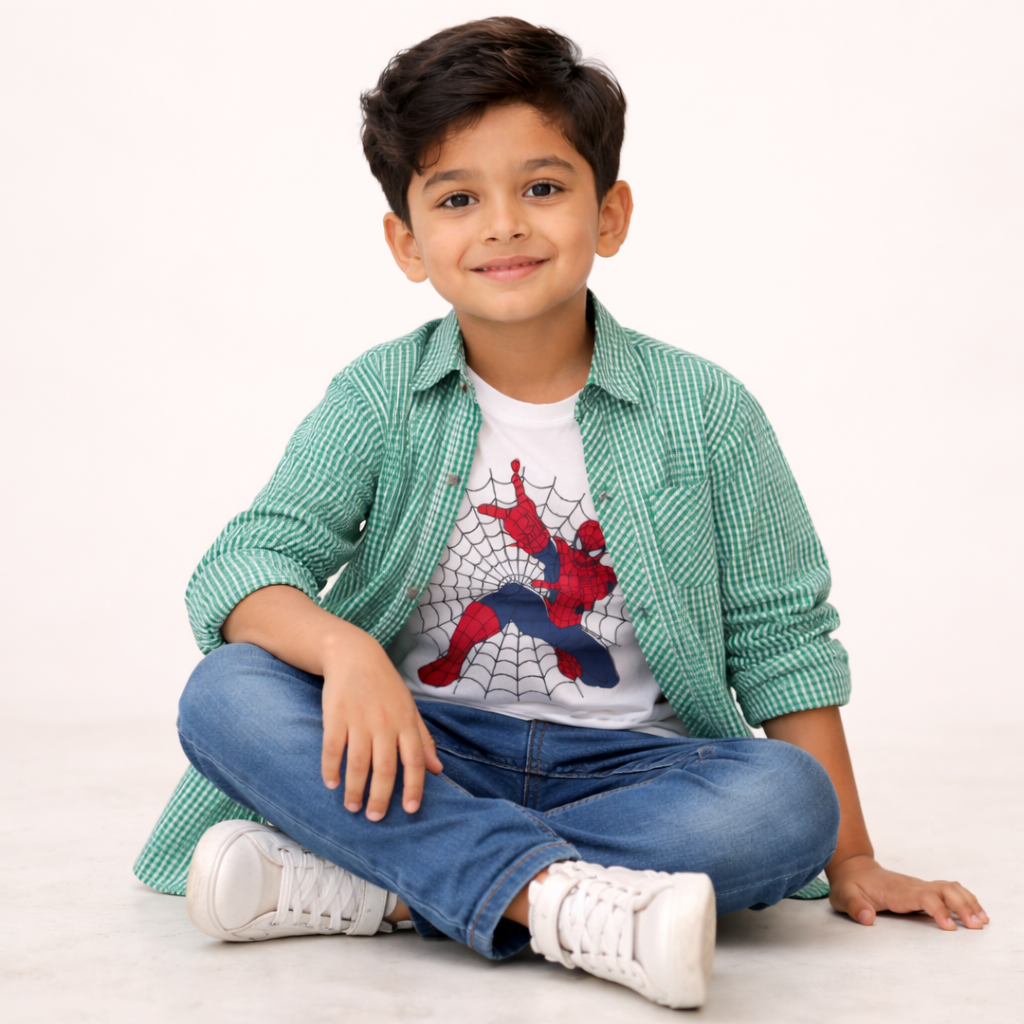 Green Checked Casual Shirt with Spider Superhero Graphic T-Shirt Outfit