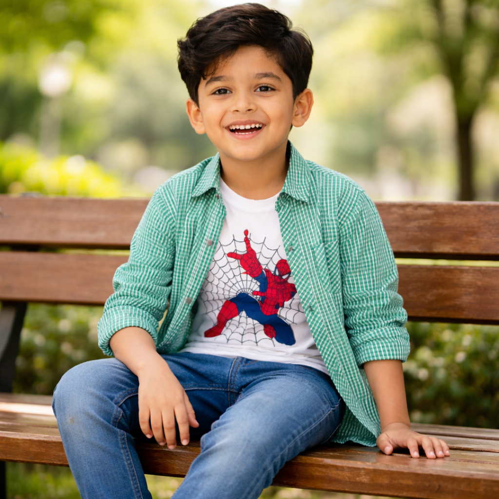 Green Checked Casual Shirt with Spider Superhero Graphic T-Shirt Outfit