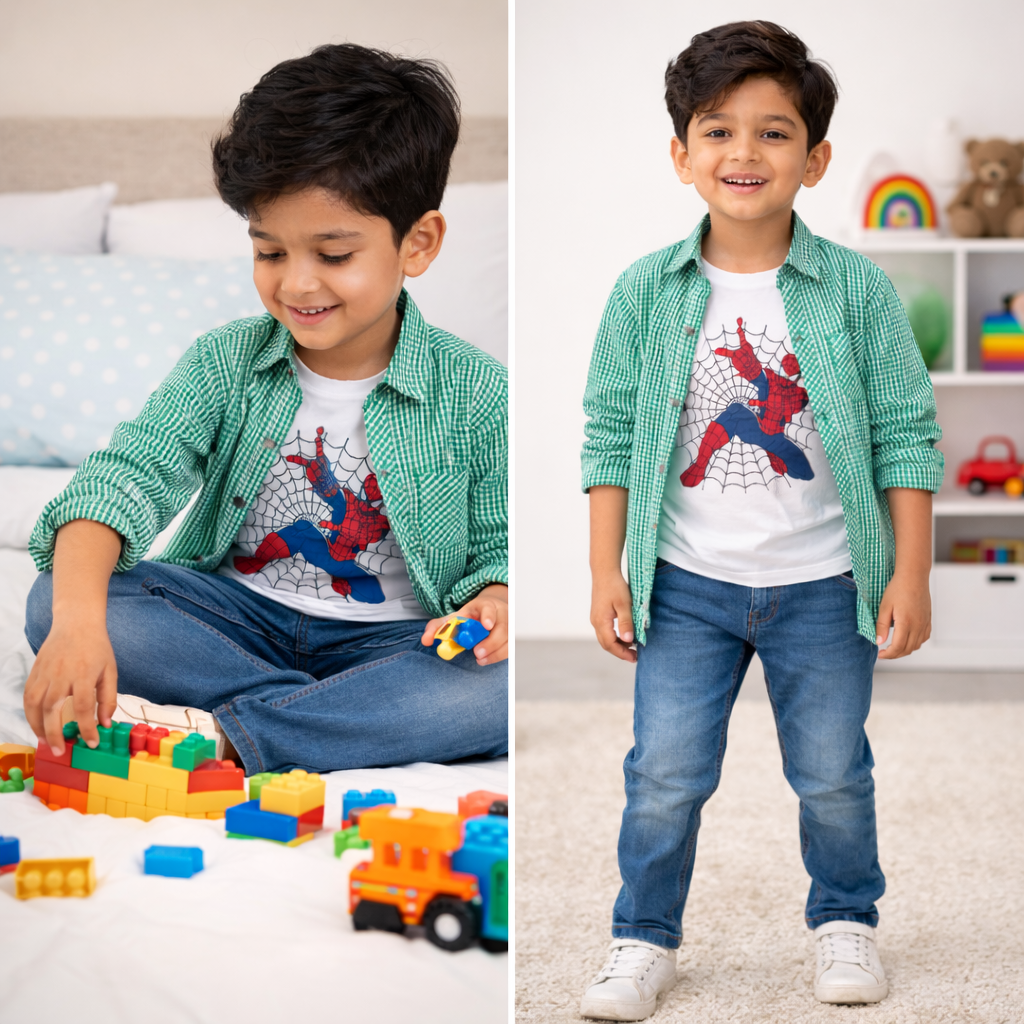 Green Checked Casual Shirt with Spider Superhero Graphic T-Shirt Outfit