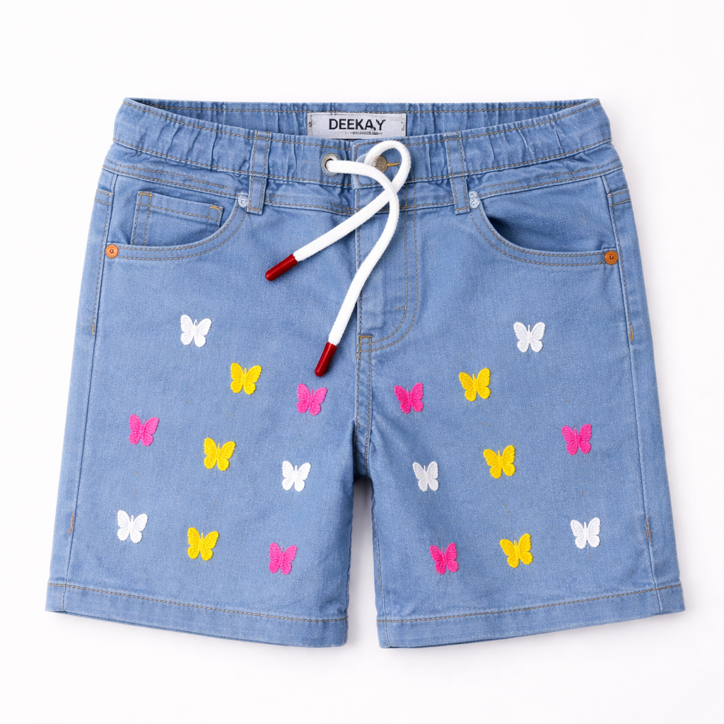 Girls light blue denim shorts with butterfly embroidery by lilcubspk, featuring a casual fit and decorative butterfly details.