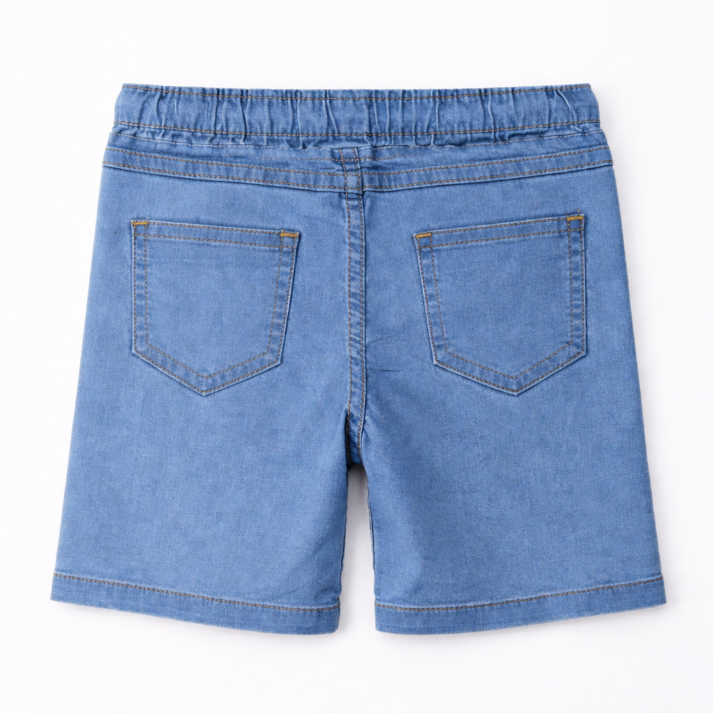 Girls' light blue denim shorts with butterfly embroidery by lilcubspk, featuring a stylish and playful design.