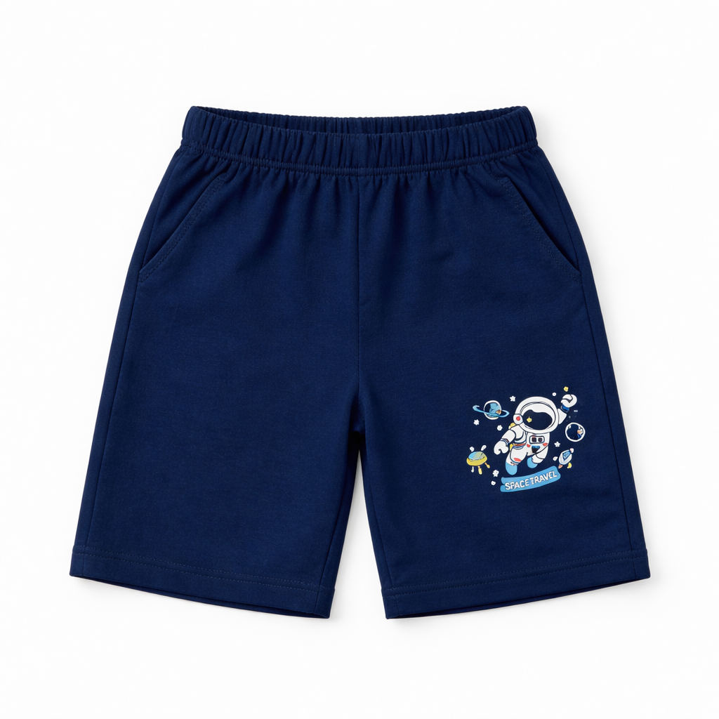 Navy blue space travel-themed summer coord set for kids by Lil' Cubs, includes matching shorts and top with celestial design.