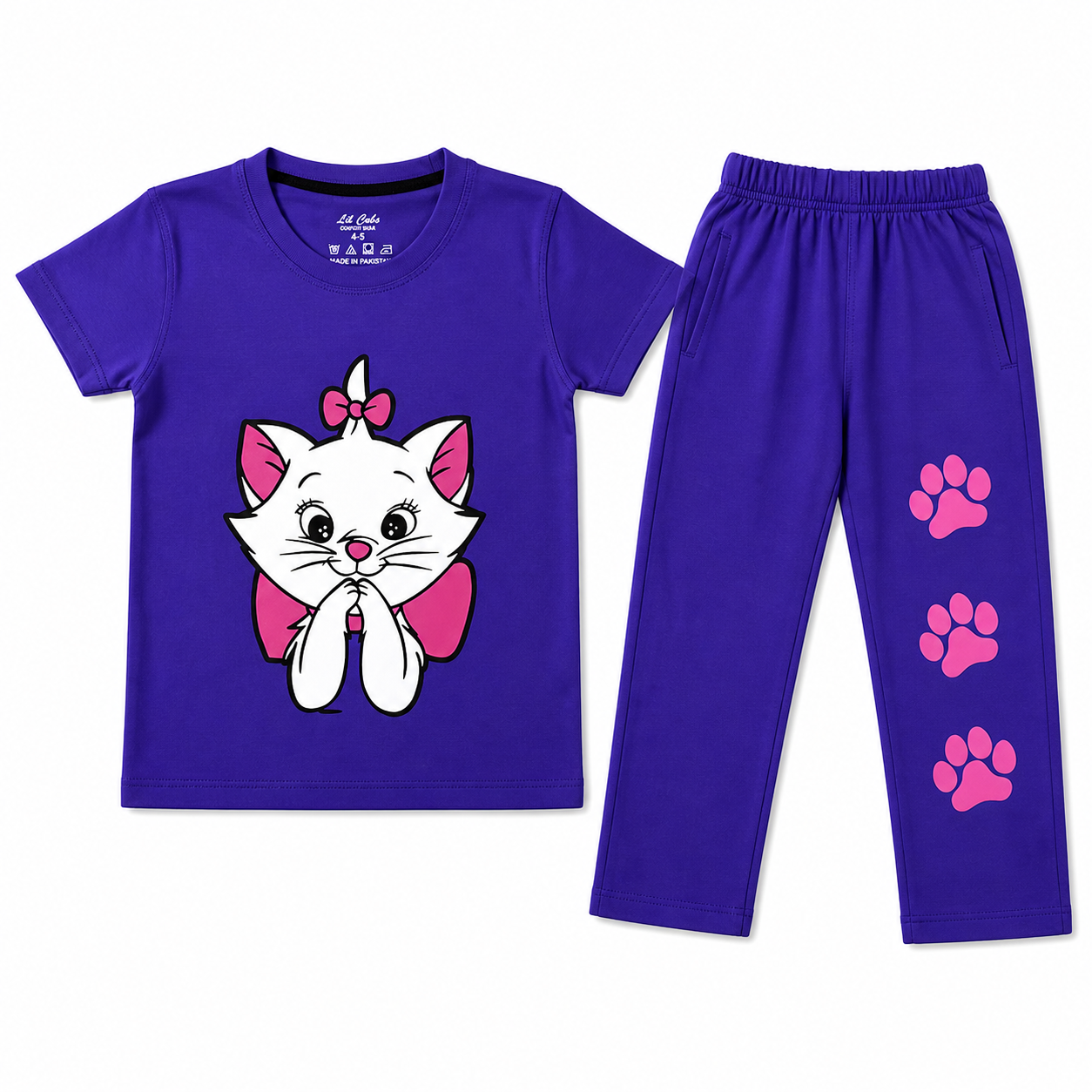 Lil' Cubs purple cat summer coord set for kids, featuring a matching top and shorts with playful cat designs.