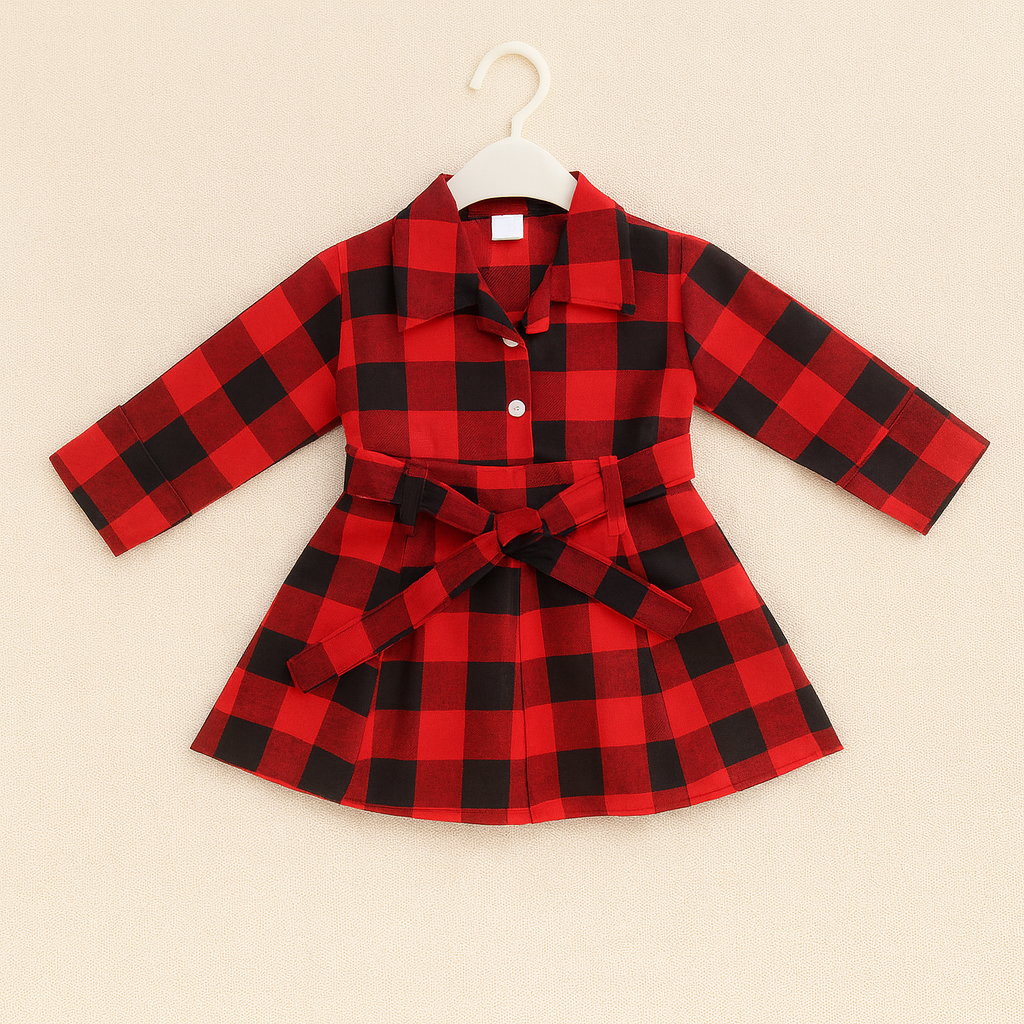 Classic Red Plaid Belted Dress – Girls (2–8 Years)