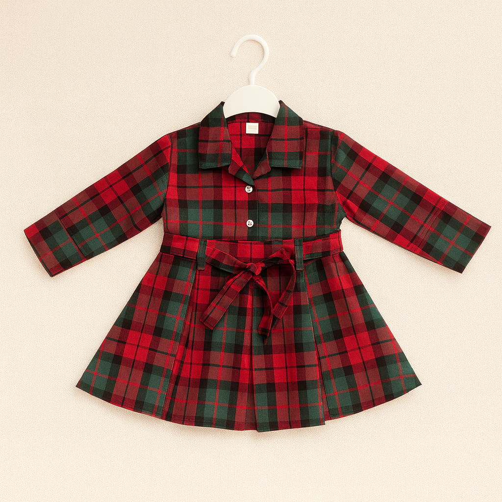 Classic Red Plaid Belted Dress – Girls (2–8 Years)