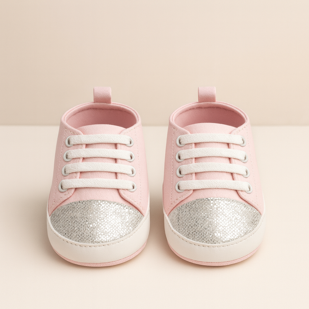 Lil' Cubs Sparkle Baby Sneakers with soft soles for infants aged 0-6 months, featuring shiny, glittery design and comfortable fit.
