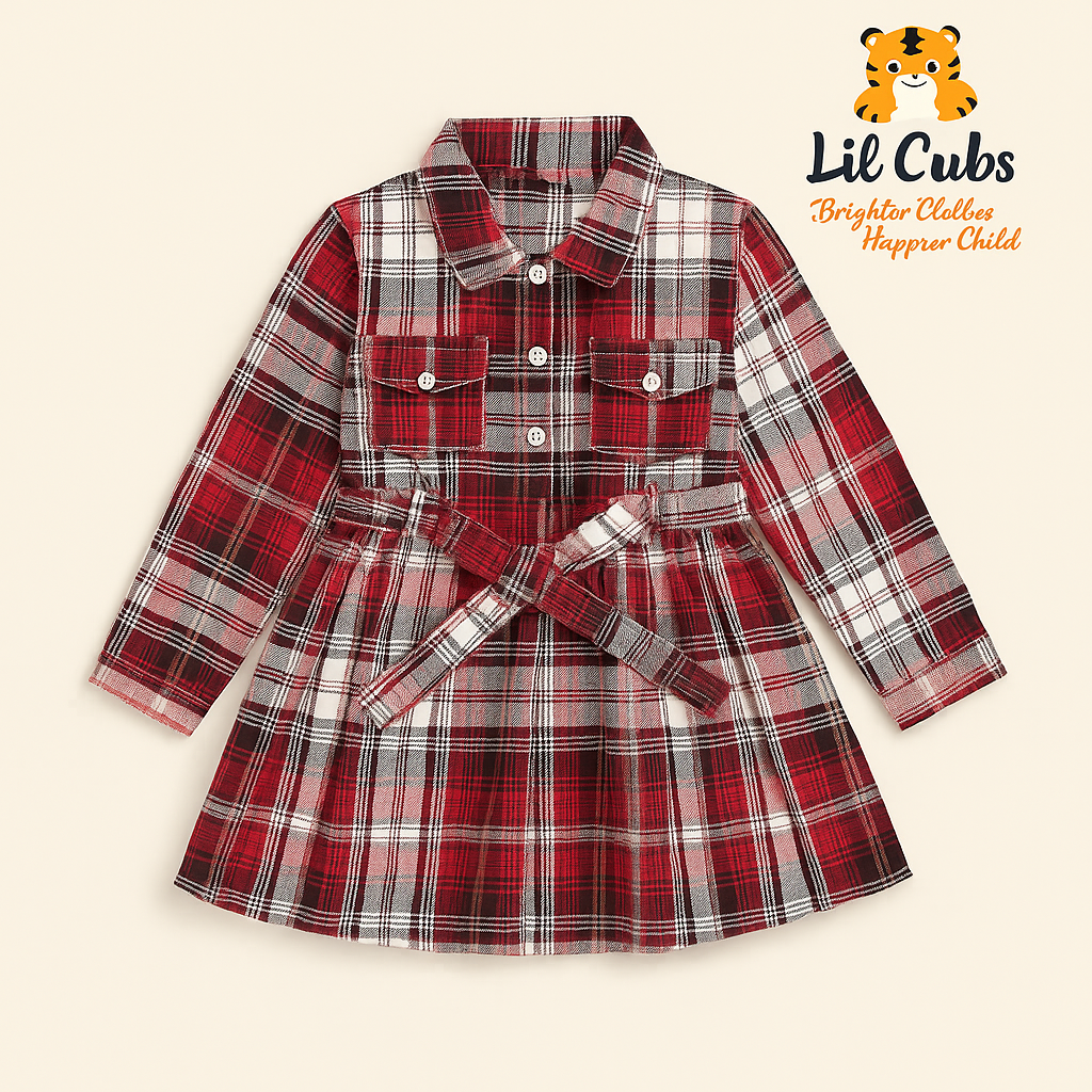 Winter Plaid Belted Dress – Girls (2–8 Years)