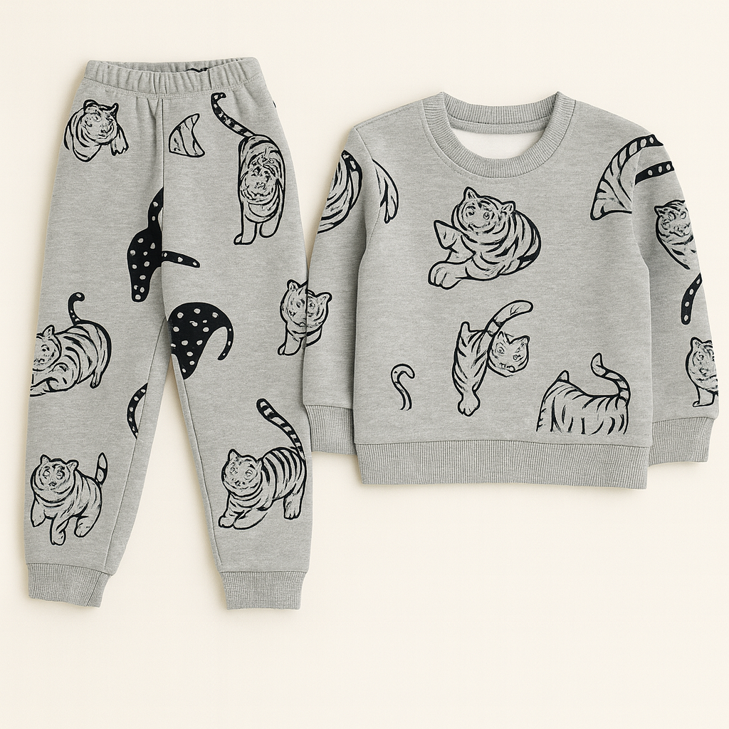 Grey Tiger Printed Boys Tracksuit Set – Winter Wear (1–12 Years)