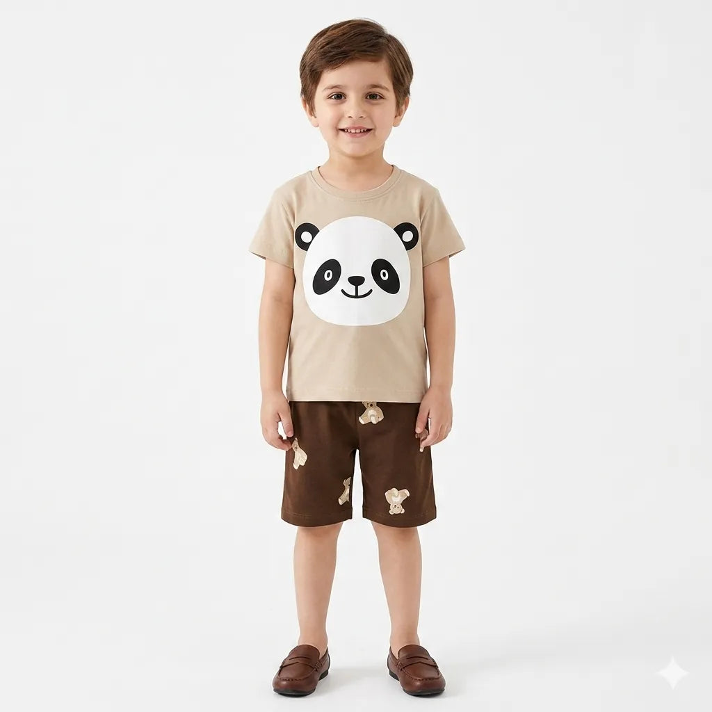 Boys Cream & Charcoal Grey Panda Summer Coord Set (2 Piece) - Age 1 - 12 Years