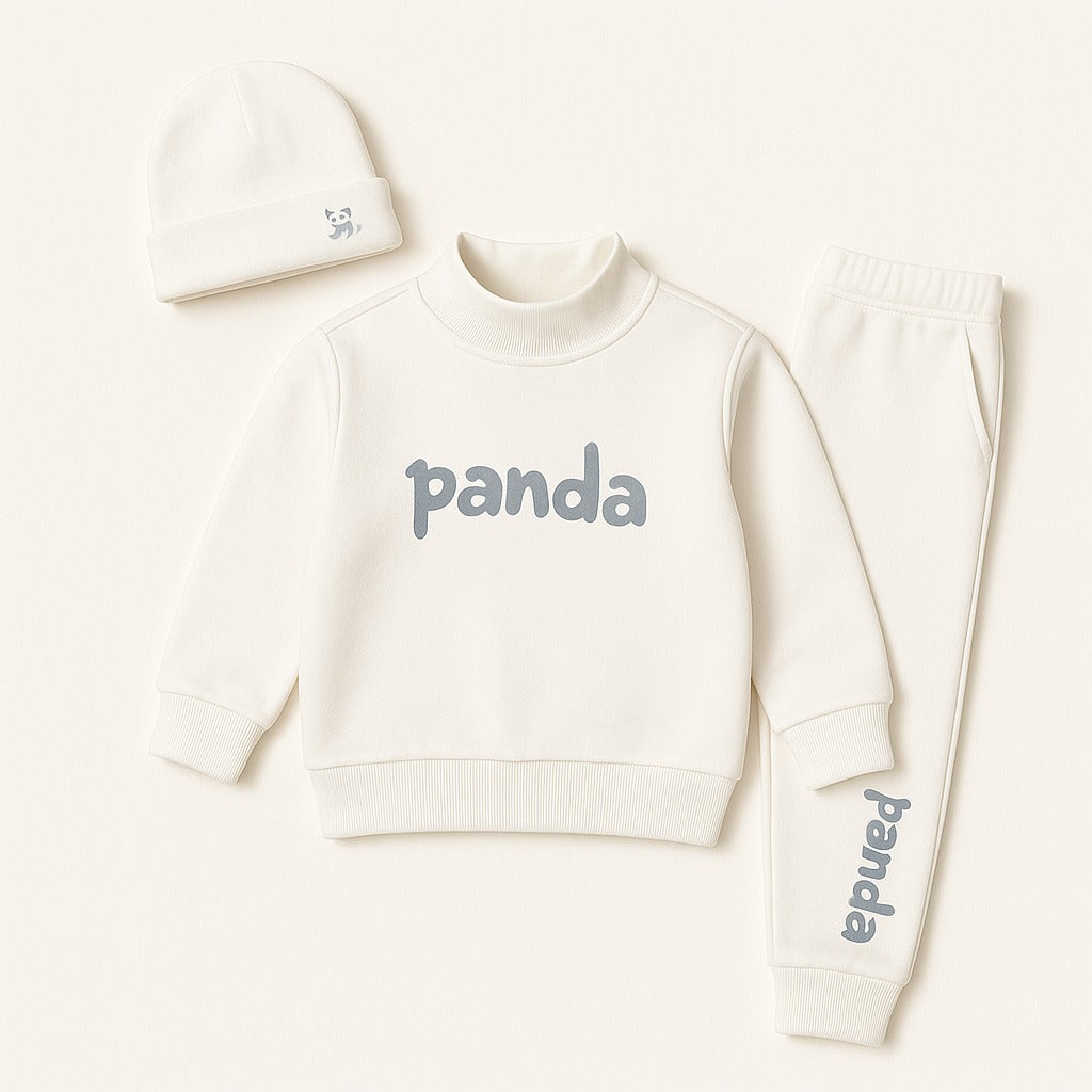 Cream white 3-piece rib fabric kids outfit set with sweatshirt, jogger pants, and beanie hat for toddlers aged 6 months to 5 years, featuring panda print.

