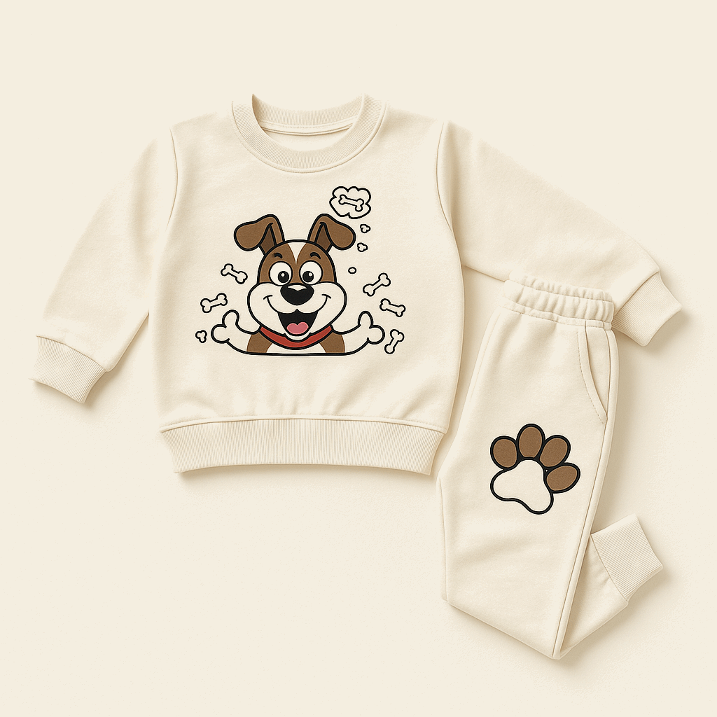 Cream kids sweatshirt and jogger set with cute dog cartoon print – winter outfit for boys and girls ages 1–8


