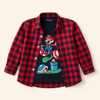 Super Mario-style combo shirt featuring a red check Double shirt over a navy Super Mario tee lilcubs