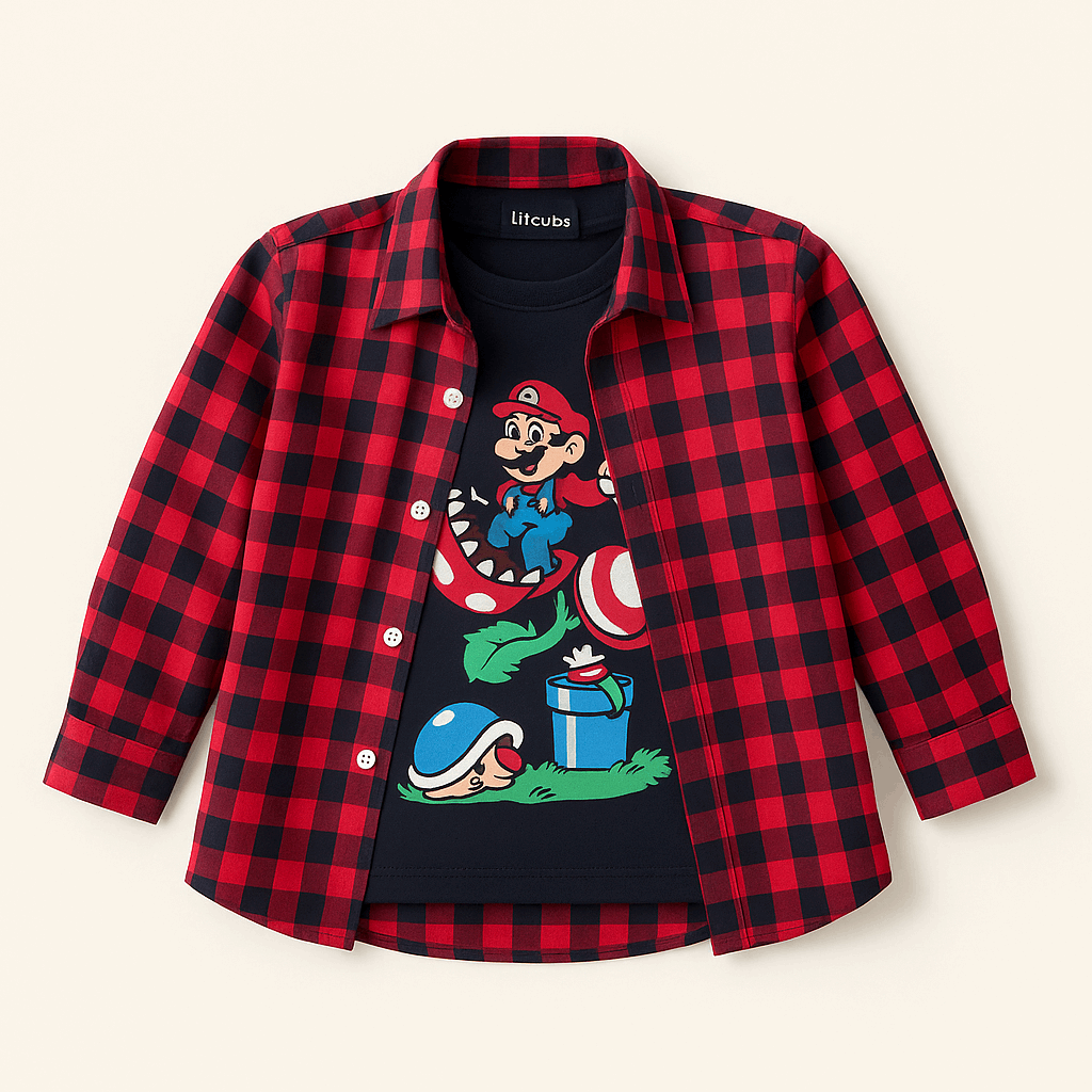 Super Mario-style combo shirt featuring a red check Double shirt over a navy Super Mario tee lilcubs