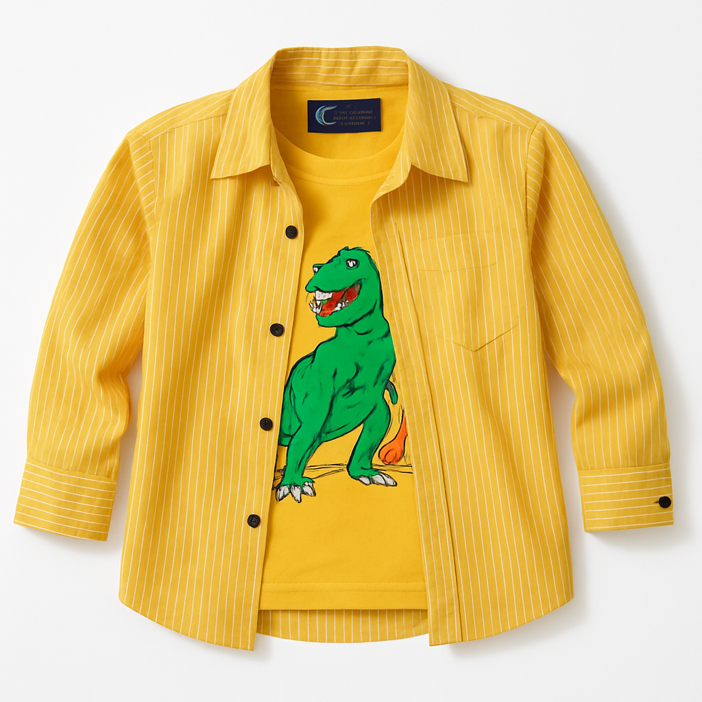Dino Adventure Double Shirt – Yellow Layered Style for Boys (1-12Y)

