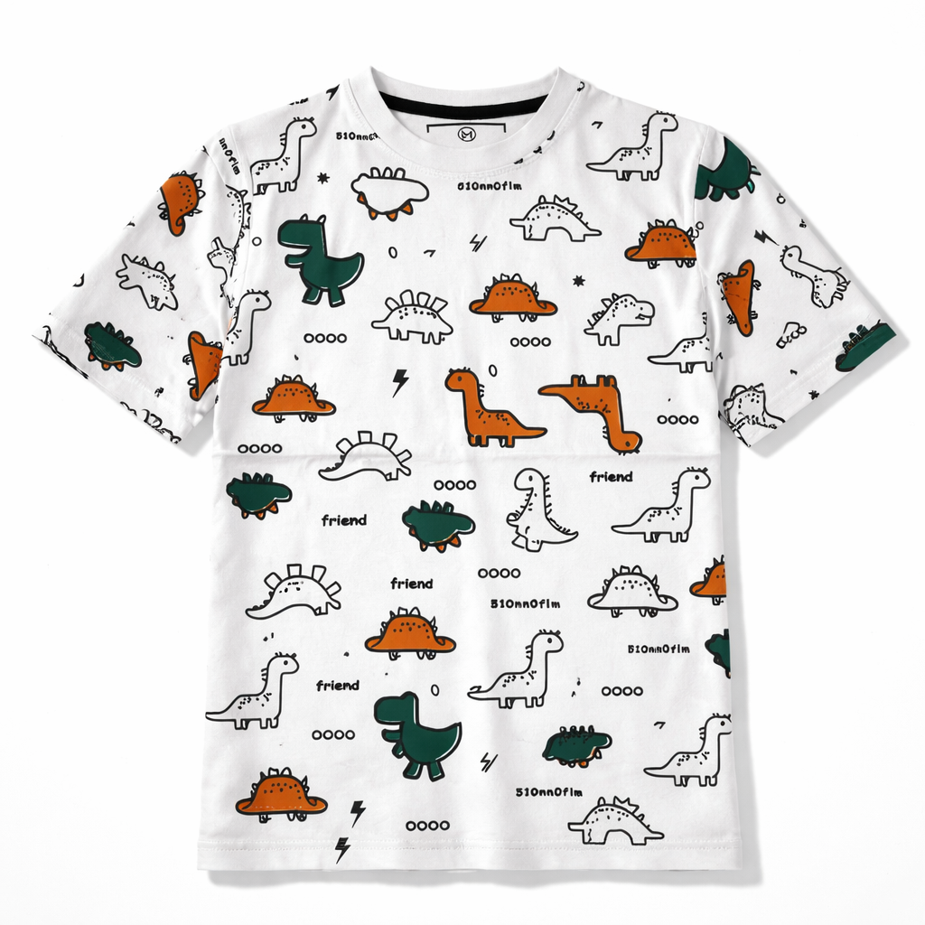 Dino Print Summer T-Shirt for Kids | White Cotton Fabric | Comfortable Short-Sleeve Shirt for Ages 1–12 Years