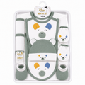 Dull green and white panda-themed baby starter set with 7 pieces, including clothing and accessories by lilcubspk.
