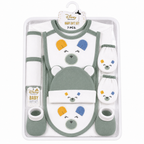 Dull green and white panda-themed baby starter set with 7 pieces, including clothing and accessories by lilcubspk.