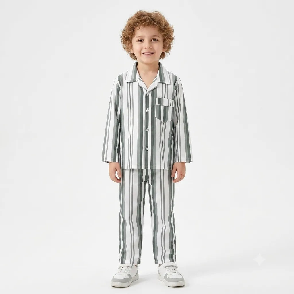 Dull Green and white striped cotton summer night suit for kids by Lil Cubs