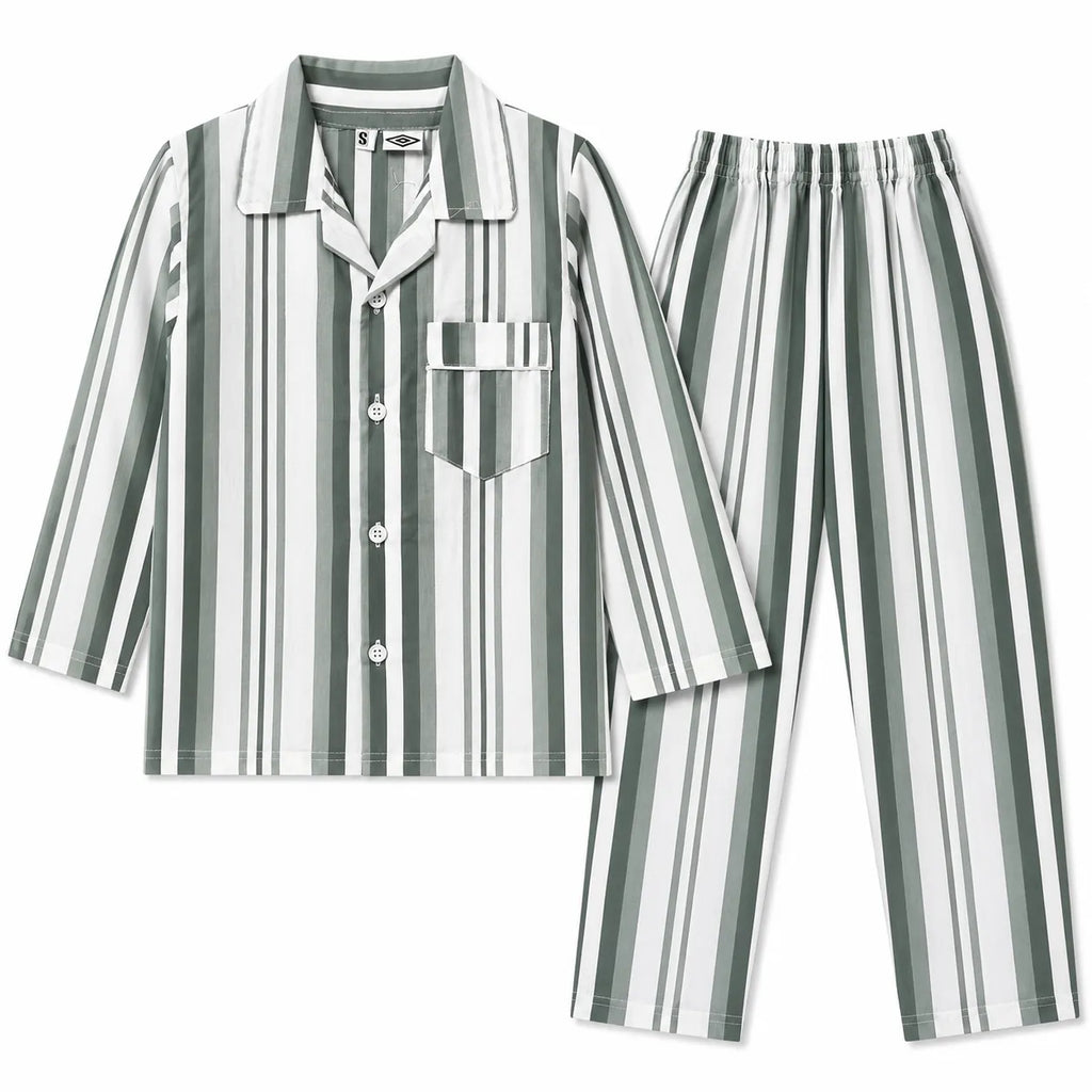 Dull Green and white striped cotton summer night suit for kids by Lil Cubs