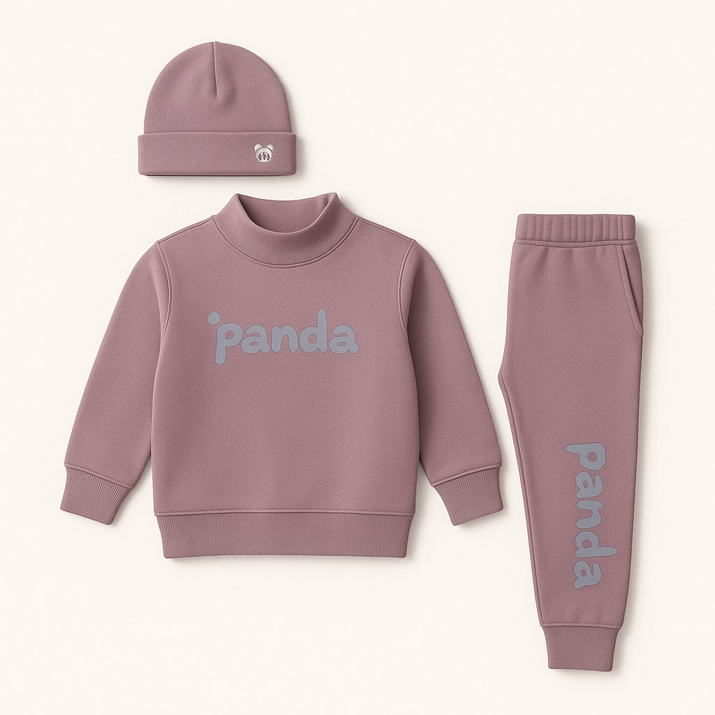 Dusty mauve 3-piece rib fabric kids outfit set with sweatshirt, jogger pants, and beanie hat for toddlers aged 6 months to 5 years, featuring panda print.



