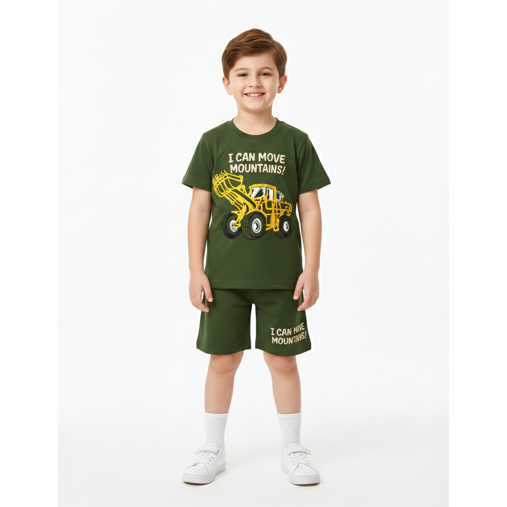 Excavator Dark Green Summer Coord Set - Jersey Cotton Fabric - Kidswear Brand in Pakistan - Trendy Kids Clothing - Affordable Summer Outfits