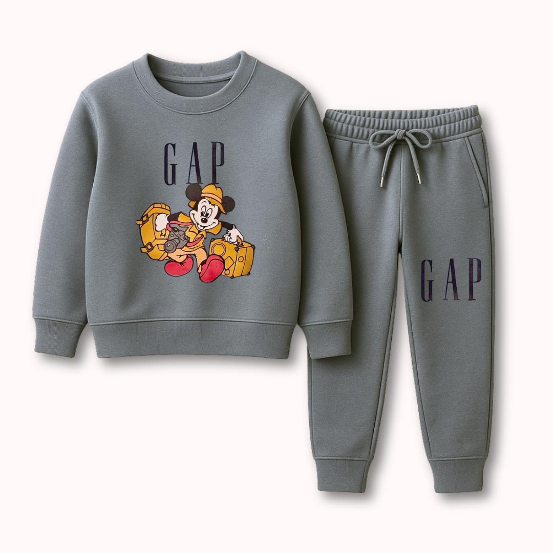  Grey kids tracksuit with GAP logo and Mickey Mouse travel graphic, sweatshirt and joggers set