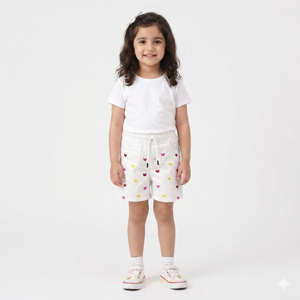 Girls white denim shorts with butterfly embroidery from lilcubspk, suitable for ages 6 months to 5 years, featuring a stylish design.