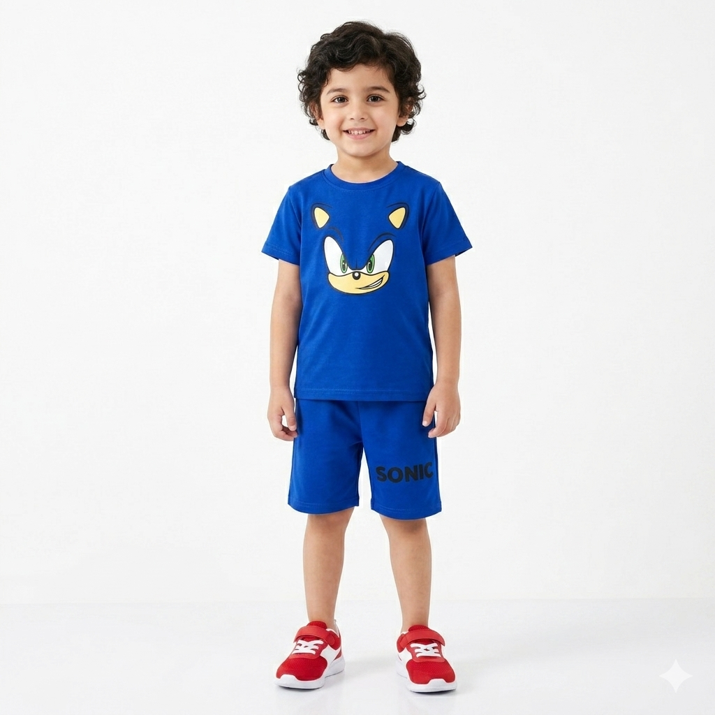Blue Sonic boys' summer coord set for ages 2-12, featuring a comfortable, casual design with Sonic the Hedgehog theme.