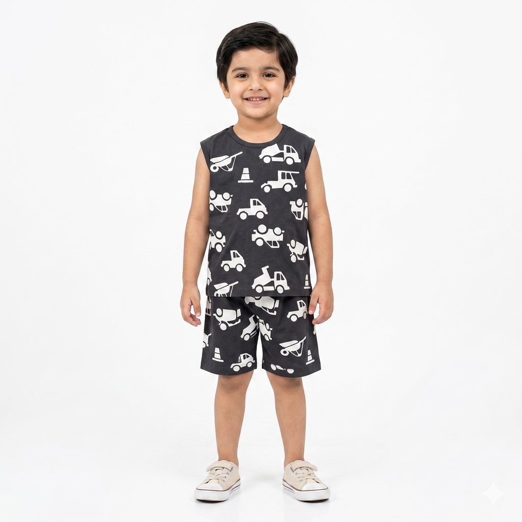 Dark Grey Sleeveless Truck Coord Set for Boys (1–12 Years)